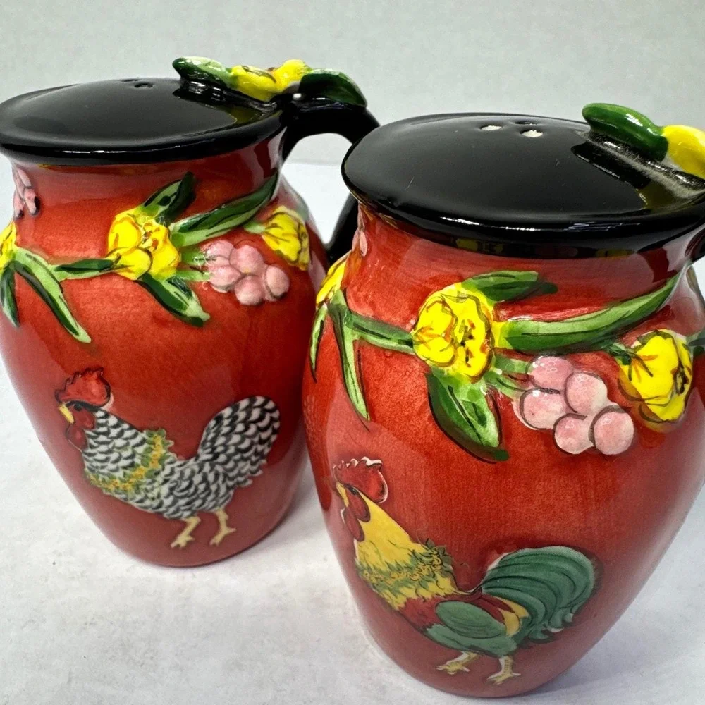 Blue Sky Elisabeth Pohle Rooster Salt and Pepper Shakers Red Floral 2004 Set VTG